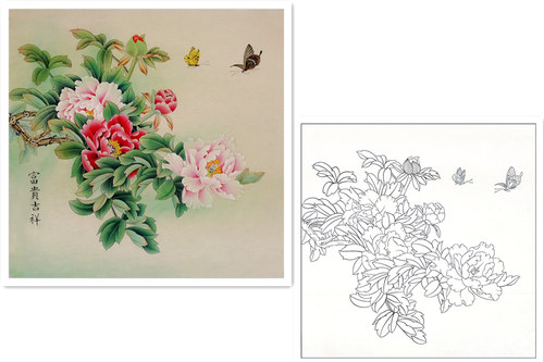 高清工笔画素材斗方牡丹蝴蝶花鸟画工笔画白描底稿线稿实物打印稿