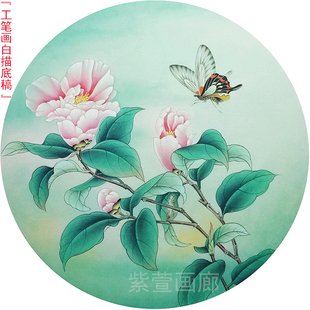 工笔画底稿白描画稿临摹底稿白描手勾熟宣线描可直接上色茶花蝴蝶
