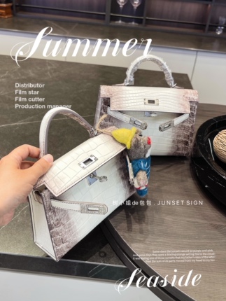 Miss Tree/Junset Sign "Ice Tower Forest Light" First-Layer Cowhide Crocodile Pattern High-End Diamond Buckle Kelly Bag