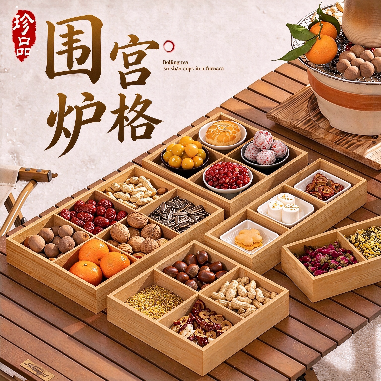 围炉煮茶木质托盘四宫格九宫格