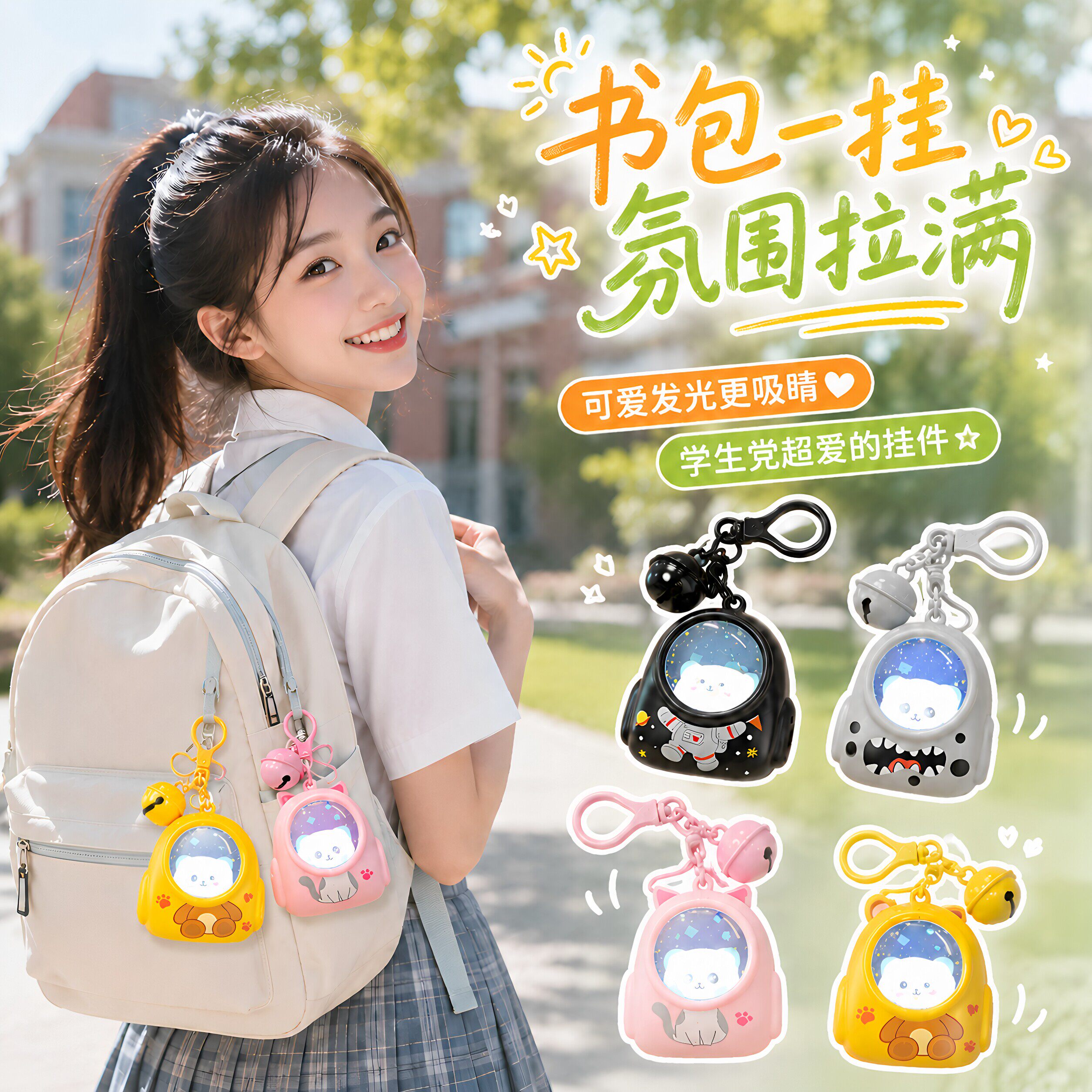 卡通书包小猫发光钥匙扣小夜灯