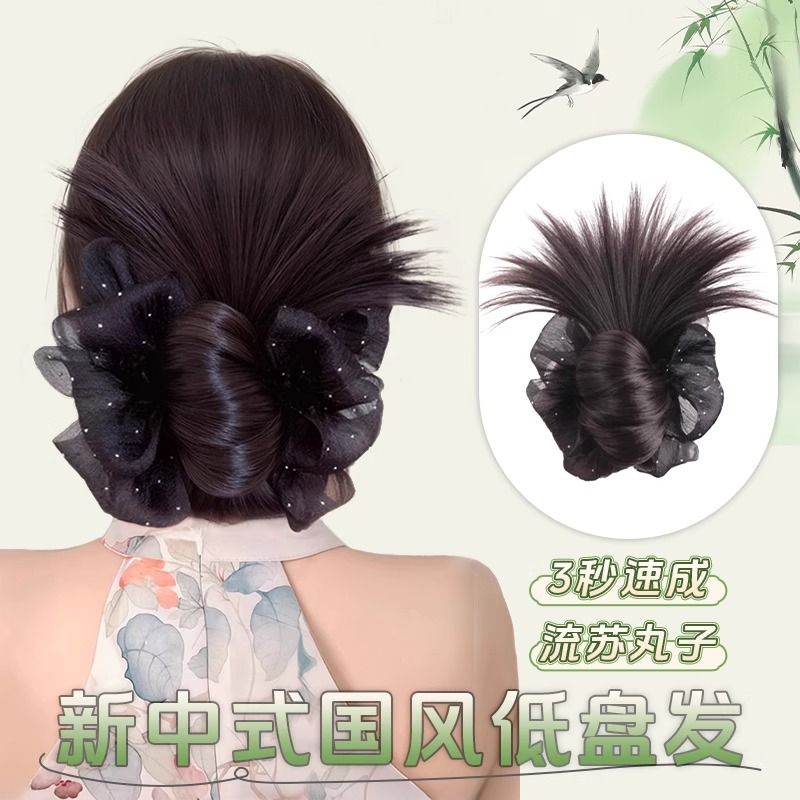 雞毛丸子頭假發女黑色花朵