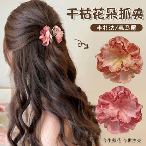 2026新款森系少女花朵侧边夹刘海马尾发夹女干枯玫瑰公主头小抓夹