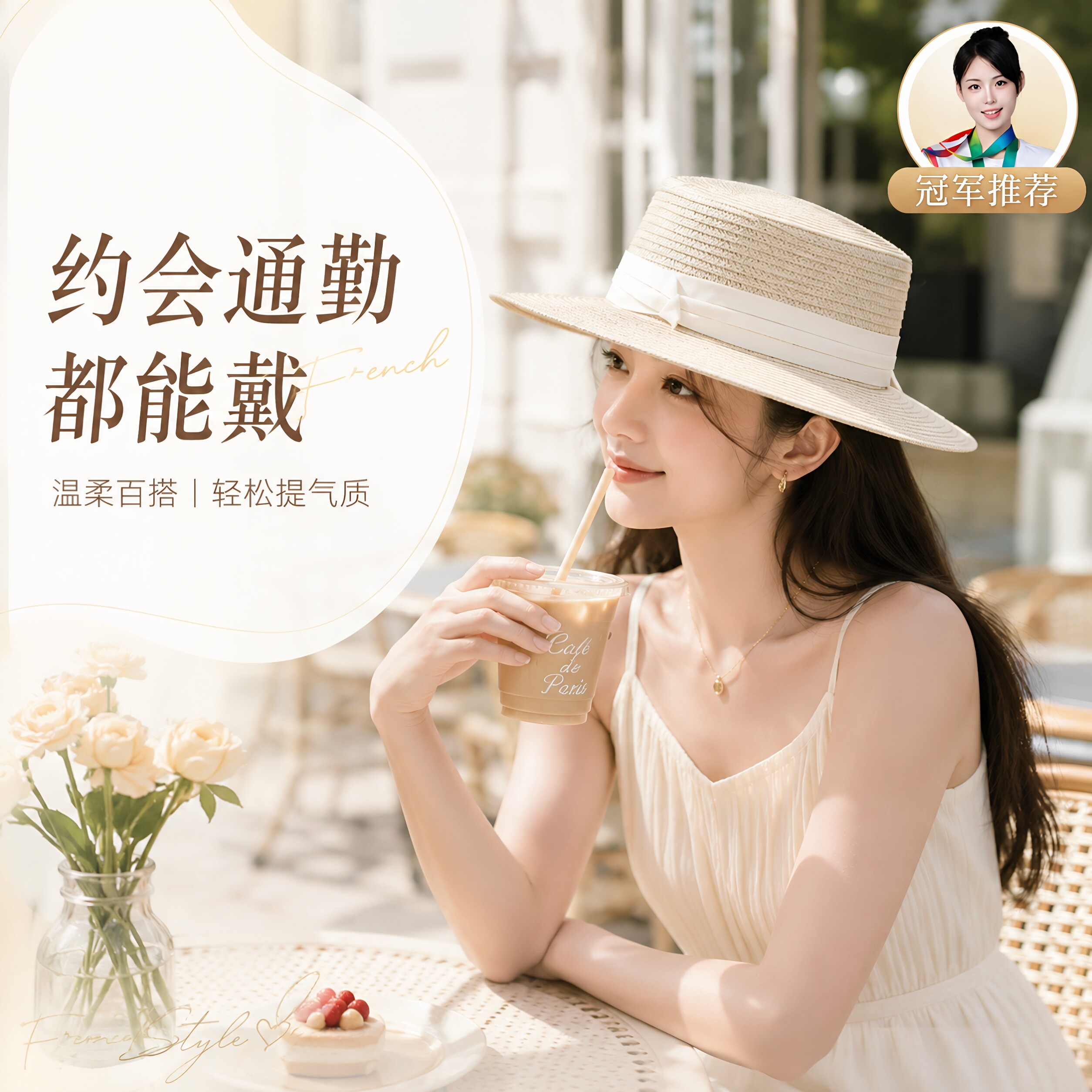 法式平顶草帽女大头围海边沙滩图片