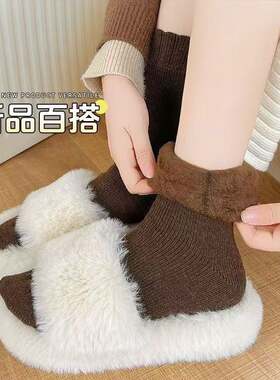 冬季加绒加厚保暖珊瑚绒中筒袜