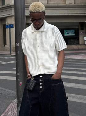 STEEPC 海边的月桂*海浪提花慵懒 短宽 镂空针织翻领短袖开衫