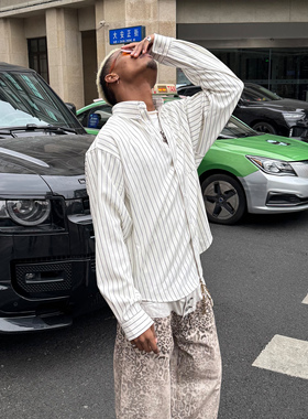 STEEPC 条纹混纺抗皱休闲宽松翻领衬衫