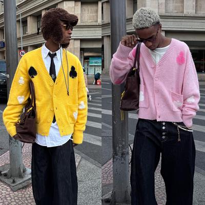 双色提花针织开衫羊毛混纺开衫