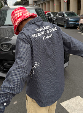 STEEPC 双层口袋设计印花格纹宽松休闲翻领长袖衬衫