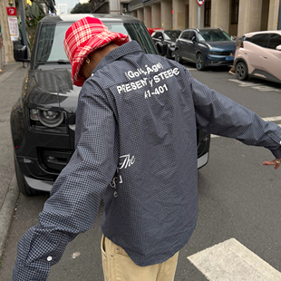 STEEPC 双层口袋设计印花格纹宽松休闲翻领长袖衬衫