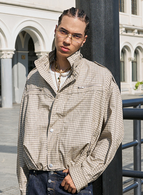 STEEPC 卡其色格纹短宽休闲夹克外套