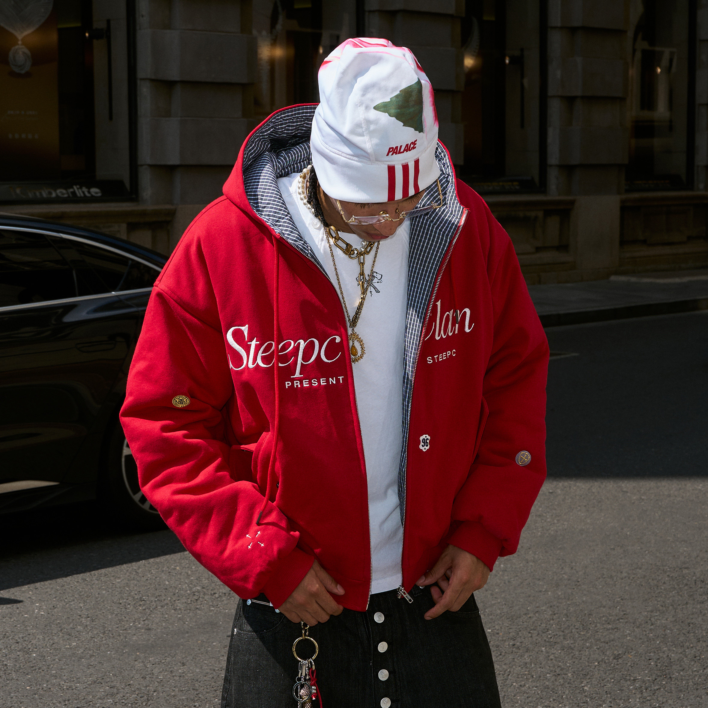 STEEPC 红色不规则贴布刺绣徽章内里格纹保暖拉链连帽厚棉服,男装,棉衣,淘宝优惠券,粉丝福利购,淘宝优惠卷