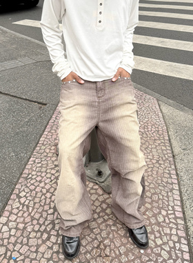 STEEPC 竹节纹理灯芯绒水洗铆钉宽松直筒休闲长裤
