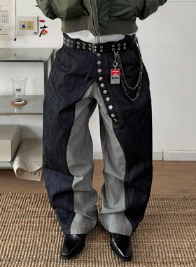 STEEPC 红眼*长排扣反向拼接宽松直筒设计感原牛仔长裤