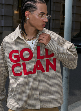 STEEPC 卡其色格纹撞色贴布绣宽松休闲短宽廓形复古格子长袖衬衫