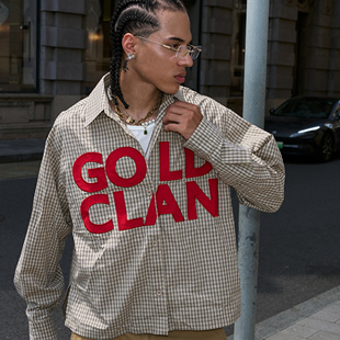 STEEPC 卡其色格纹撞色贴布绣宽松休闲短宽廓形复古格子长袖衬衫