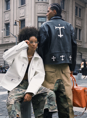 STEEPC 圣剑*重磅皮料短宽翻领定制五金贴皮拼绣皮衣夹克外套