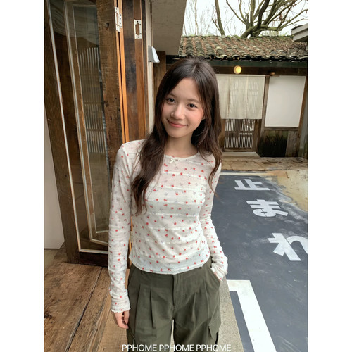 PPHOME自制~香榭秋野 条纹碎花圆领木耳边长袖打底衫休闲舒适上衣