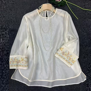 桑蚕丝欧根纱衬衫复古刺绣薄款内搭小衫新中式国风上衣配马甲女夏