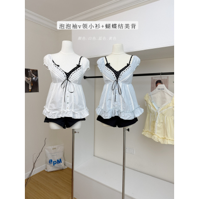 CallmeEar//原创法式甜心100棉泡泡袖v领小衫+蝴蝶结美背
