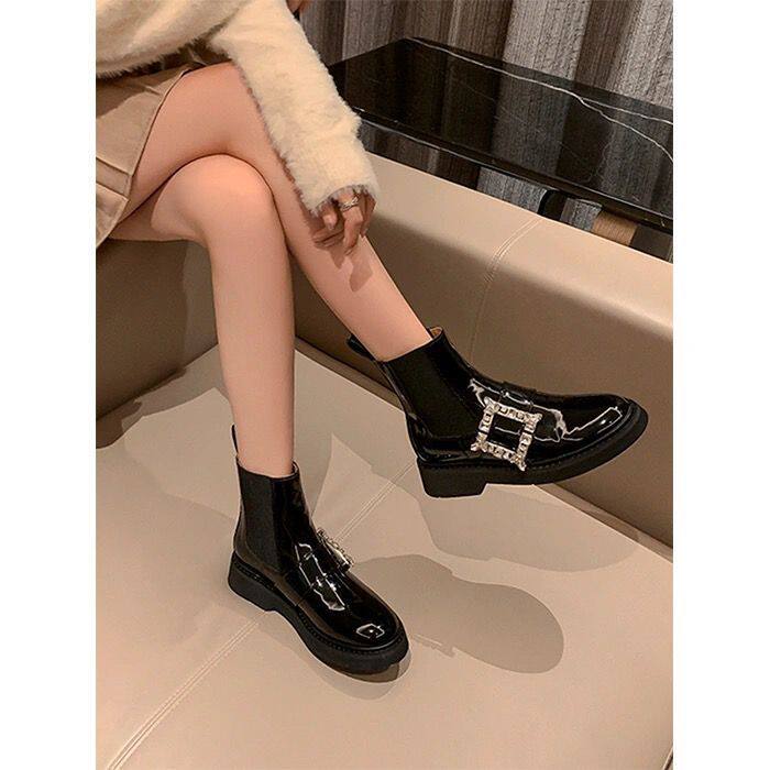 水钻方扣短靴女2025秋冬新款英伦真皮厚底马丁靴高级感切尔西靴子