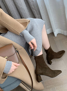 小方头弹力靴女短靴 瘦瘦靴袜子鞋2023春季韩版 袜靴黑色磨砂粗跟
