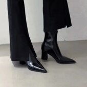 高跟尖头短靴女2025年新款 黑色漆皮高级感粗跟后拉链马丁靴 秋冬季