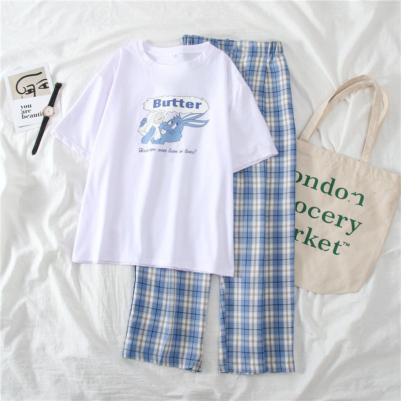 Summer new Korean student loose women retro Plaid casual wide leg straight pants short sleeve two piece set fashion