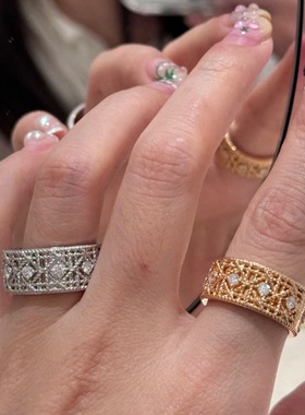 S925纯银精工版干藤格纹带钻戒指my轻奢指环宫廷风指环情人节礼物