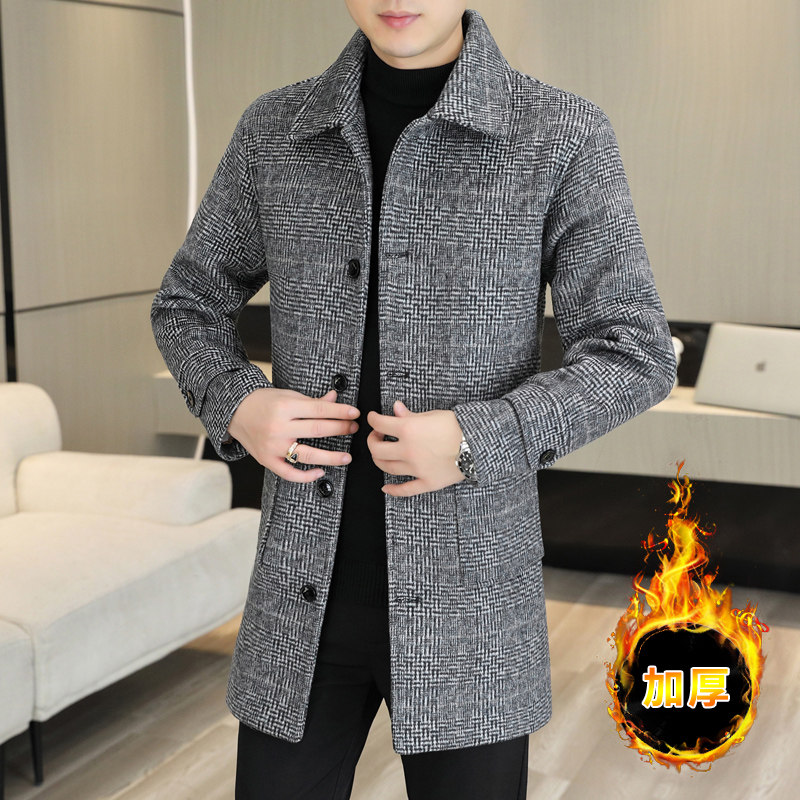 冬季加厚翻领中长款羊毛呢大衣男装格子商务休闲风衣保暖外套男