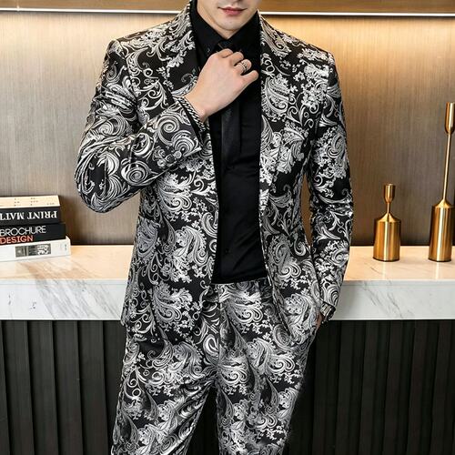 男士修身印花西服套装春秋青年商务烫金西装发型师休闲礼服两件套