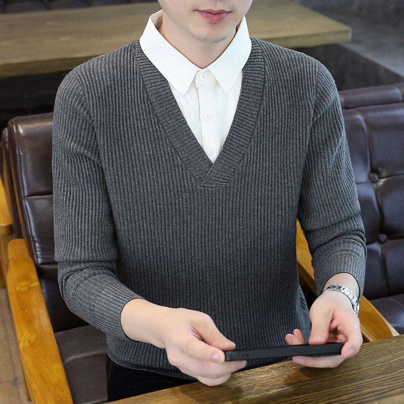 假两件衬衫领卫衣男春秋季半开襟落肩袖宽松t恤男休闲宽松上衣服