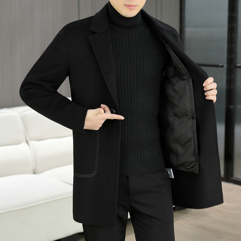 2024款双面羊毛大衣男士韩版中长款羊毛双面呢加羽绒内胆外套男