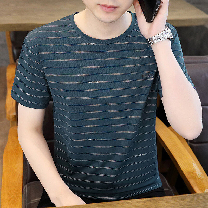 冰丝短袖t恤男夏季高端烫钻冰丝薄款体恤衫潮流百搭半袖上衣服