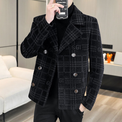 2024秋冬季加厚格子呢子风衣男士双排扣短款毛呢西装外套潮上衣