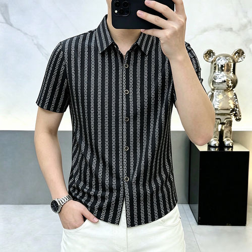 短袖男潮牌潮流衬衫夏季修身半袖条纹衬衣服帅气商务休闲冰丝凉感