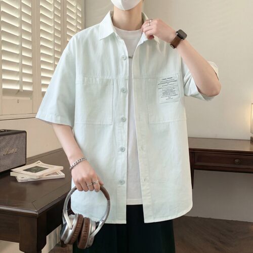 纯棉短袖衬衫男夏季薄款宽松休闲上衣服半袖衬衣简约潮牌纯色新款