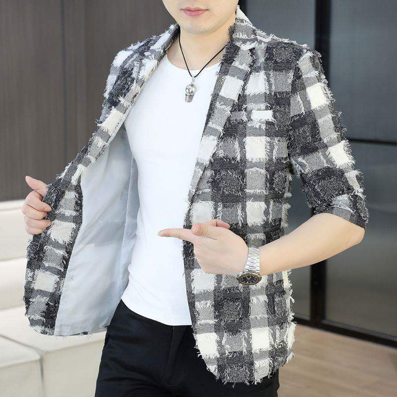 男夏季韩版修身七分袖格子西装青年帅气个性潮流百搭中袖西服外套