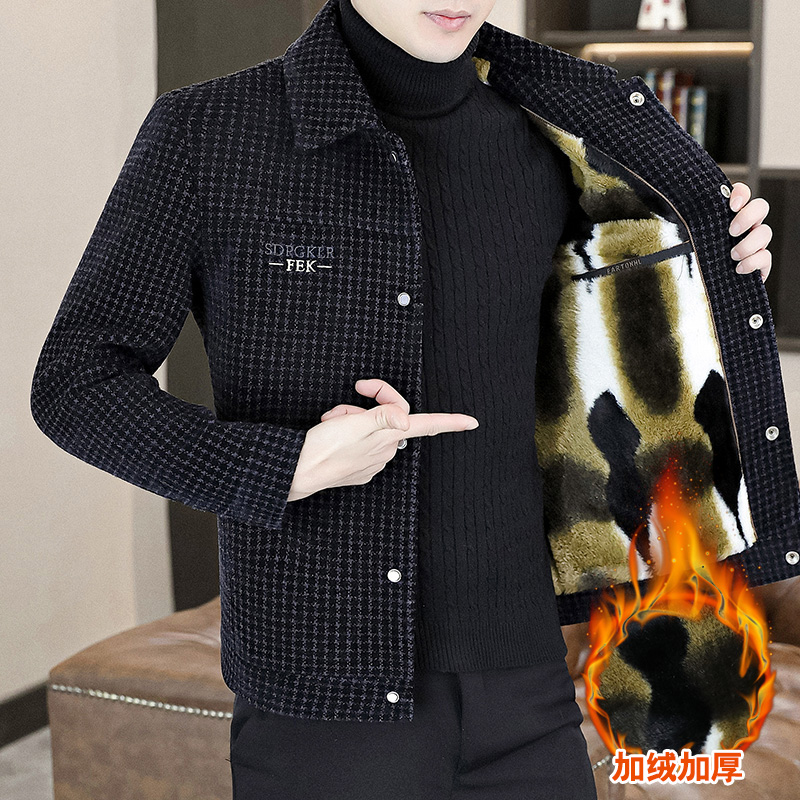 轻奢男士毛呢大衣短款翻领加绒加厚金貂绒外套休闲冬装格子上衣服