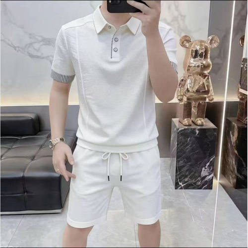 高品质高档夏季POLO两件套男新款轻薄透气时尚简约宽松休闲套装男