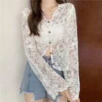 The new stylish V-neck hook-patterned openwork cardigan, lace blouse, long-sleeved Korean-style loose sun-protective garment for early spring 2022 thumbnail 4