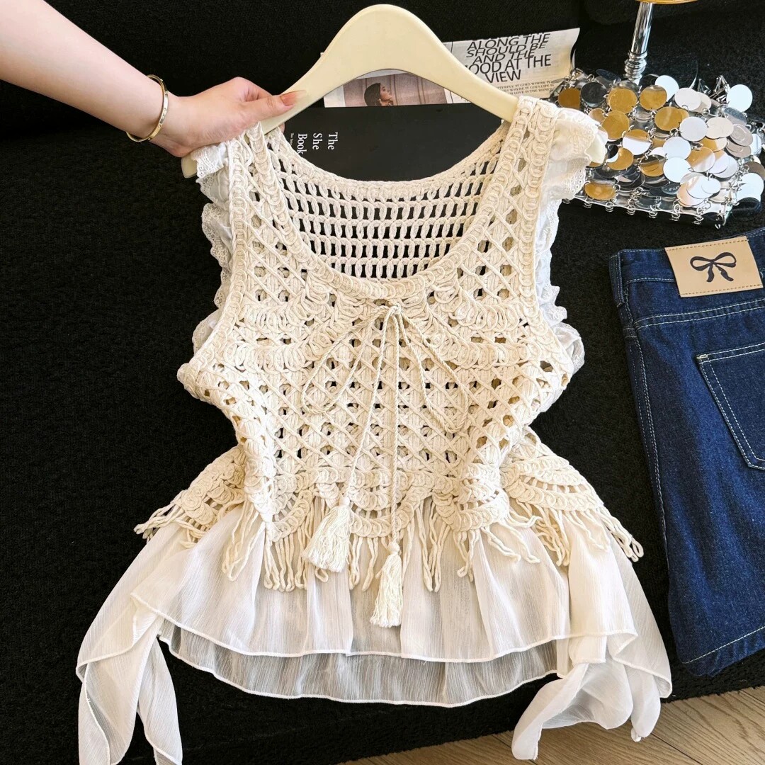 有货~欧货重工镂空勾花蕾丝拼接杏色针织背心女新款无袖叠穿上衣