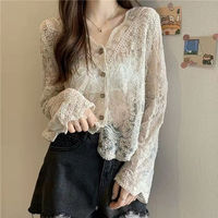 The new stylish V-neck hook-patterned openwork cardigan, lace blouse, long-sleeved Korean-style loose sun-protective garment for early spring 2022 thumbnail 5