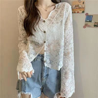 The new stylish V-neck hook-patterned openwork cardigan, lace blouse, long-sleeved Korean-style loose sun-protective garment for early spring 2022 thumbnail 8