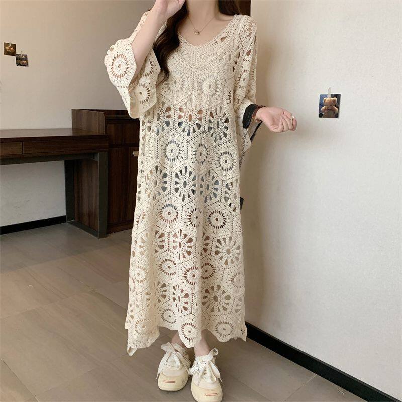 2026夏季新款长裙女大码潮流设计范风格钩花七分袖镂空针织连衣裙