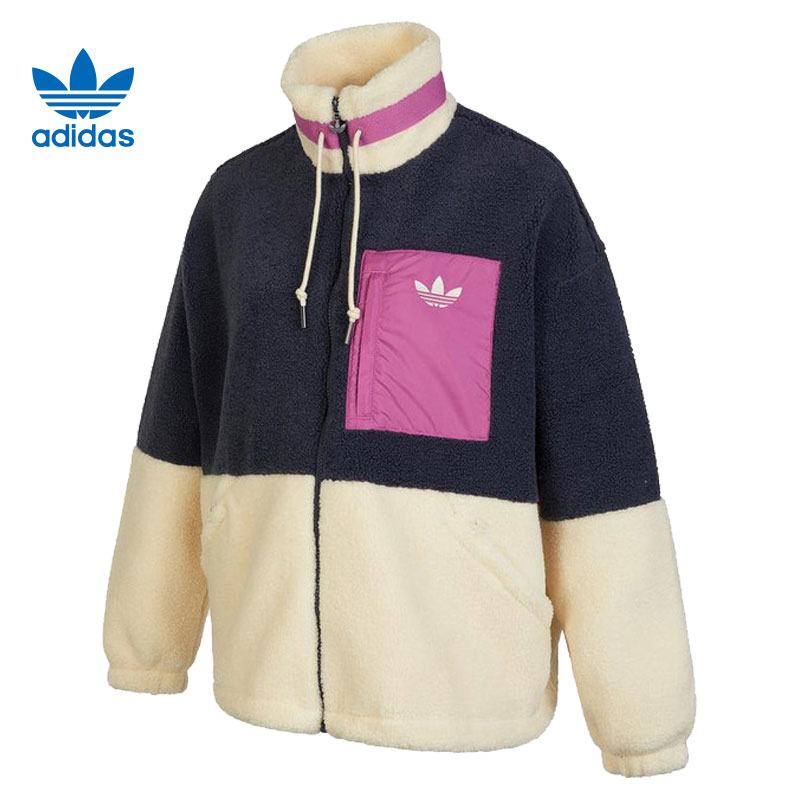 adidas阿迪达斯三叶草冬季女运动休闲仿羊羔绒夹克外套HR3455