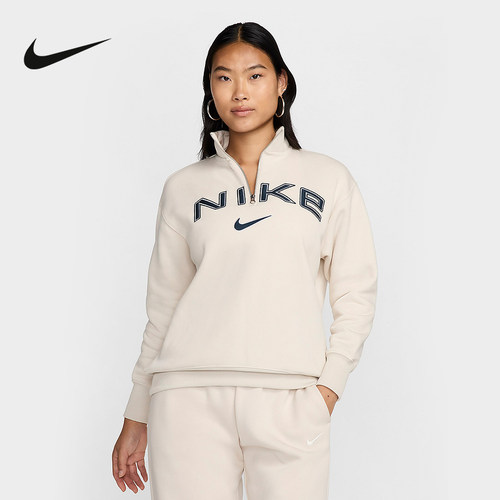 NIKE耐克女针织上衣套头衫2024秋冬新款半拉链立领卫衣FV7680-104
