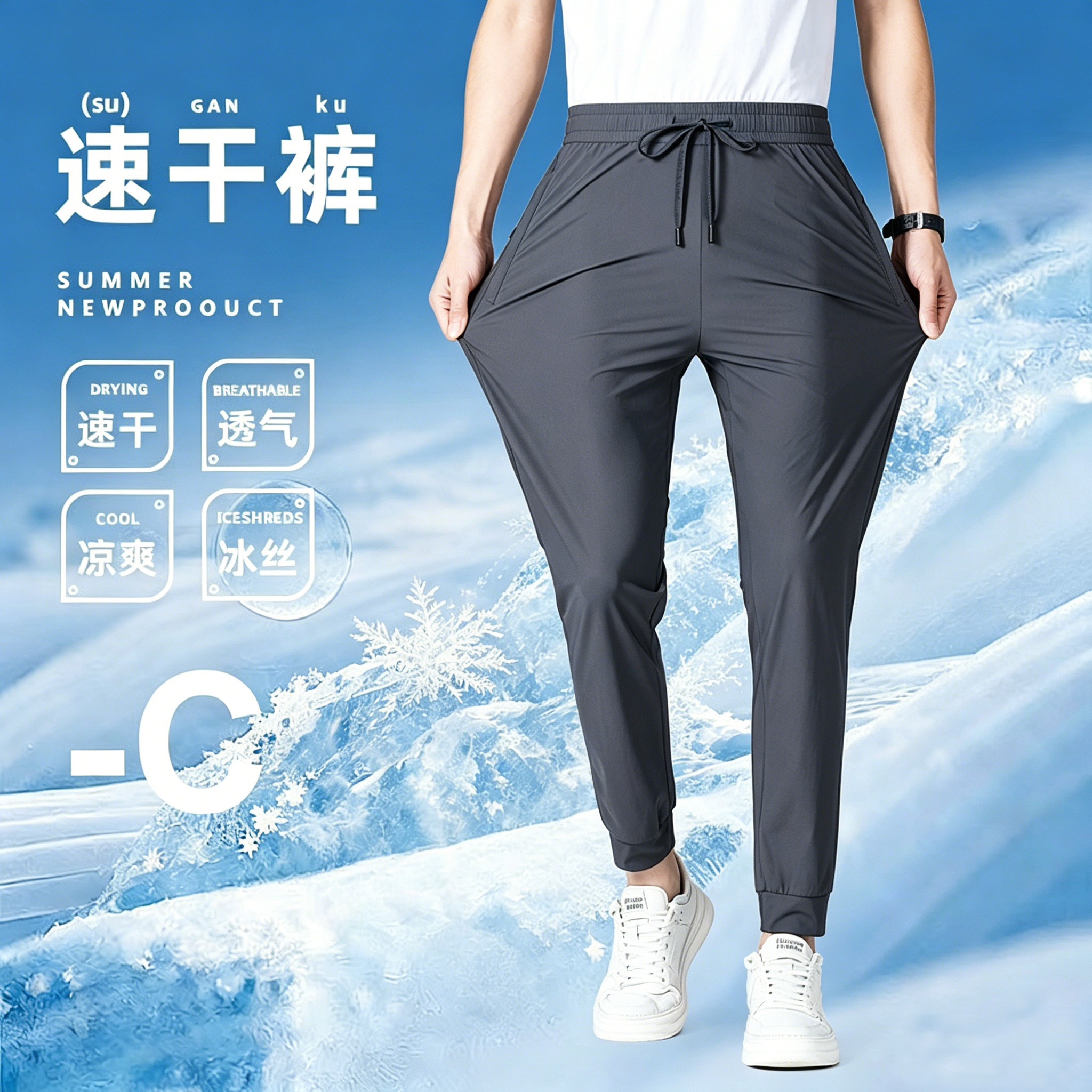 高弹夏季冰丝裤子男薄款宽松速干透气直筒裤束脚运动休闲裤长裤