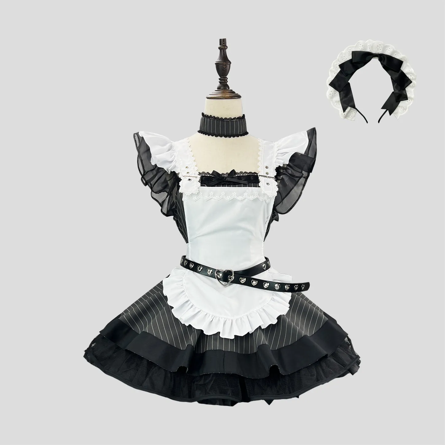 筱筱家新品 复古黑白条纹Lolita女仆装亚文化日系可爱围裙套装cos