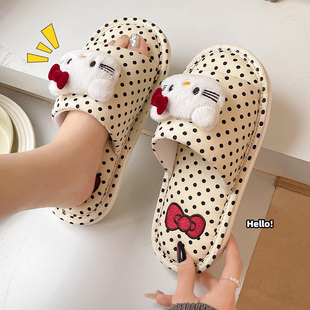 女卡通可爱居家用室内木地板防滑拖鞋 Hello Kitty波点开口棉拖鞋